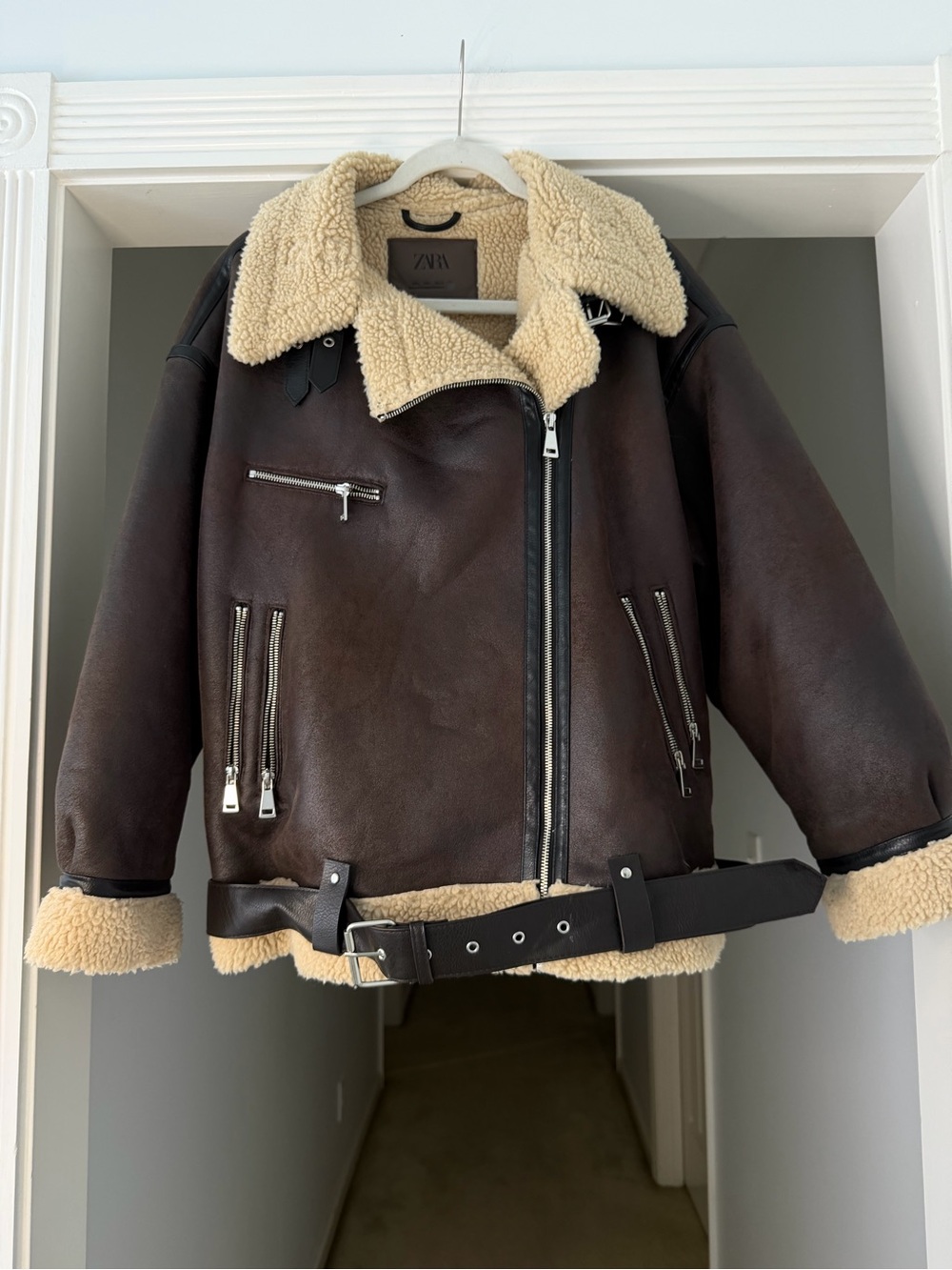 Zara Cream Sherpa-Lined Jacket with Brown Leather Label
